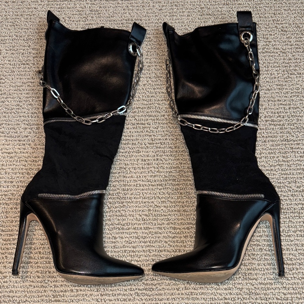 Azalea Wang Black Chain-Embellished Women's Boots Size 7.5